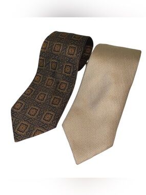 BROOKS BROTHERS 100% SILK TIES BUNDLE TWO NEUTRAL GOLD BLUES BUSINESS Y2K